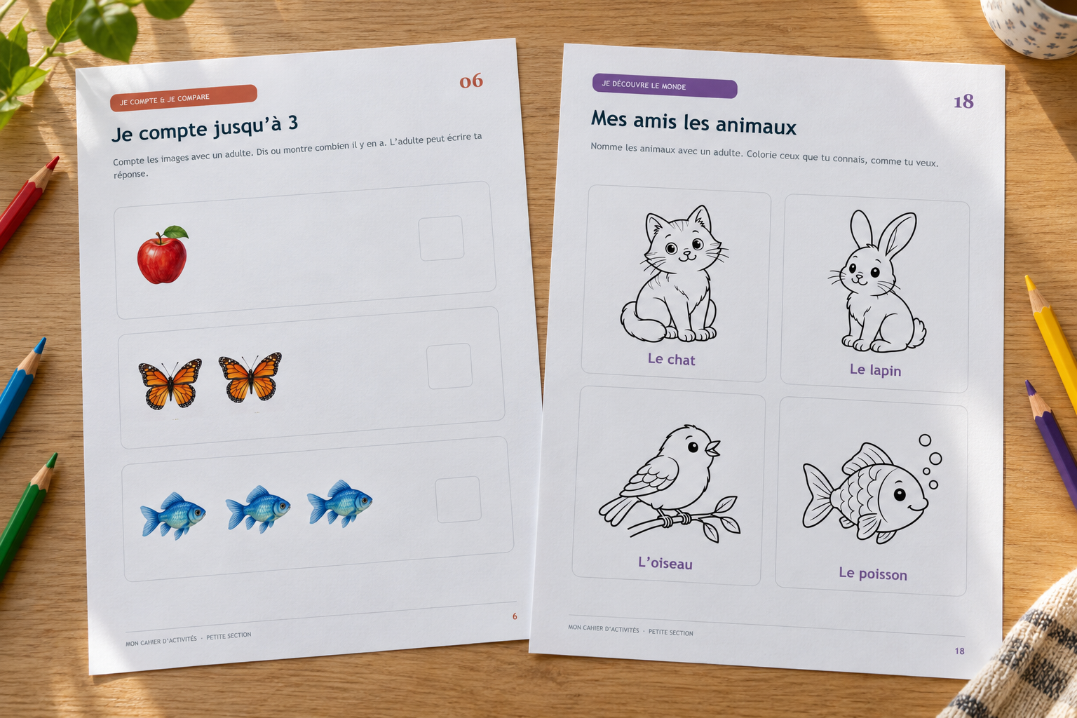 Deux vraies pages du cahier petite section présentées après impression