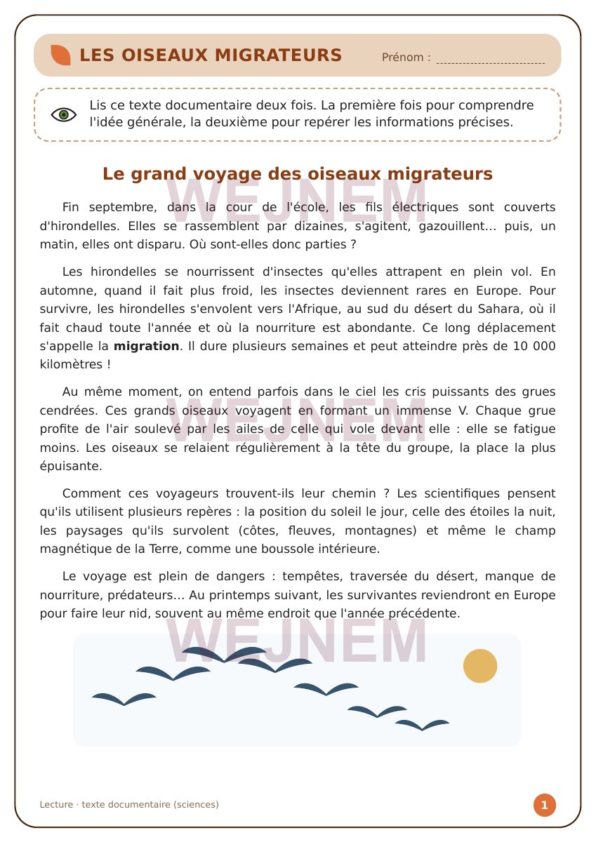 Page de lecture du cahier d’automne CM1