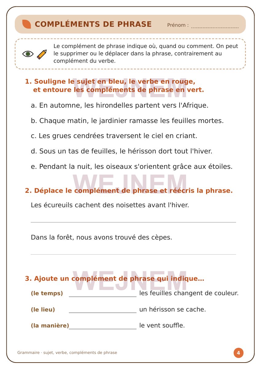 Page de grammaire du cahier d’automne CM1