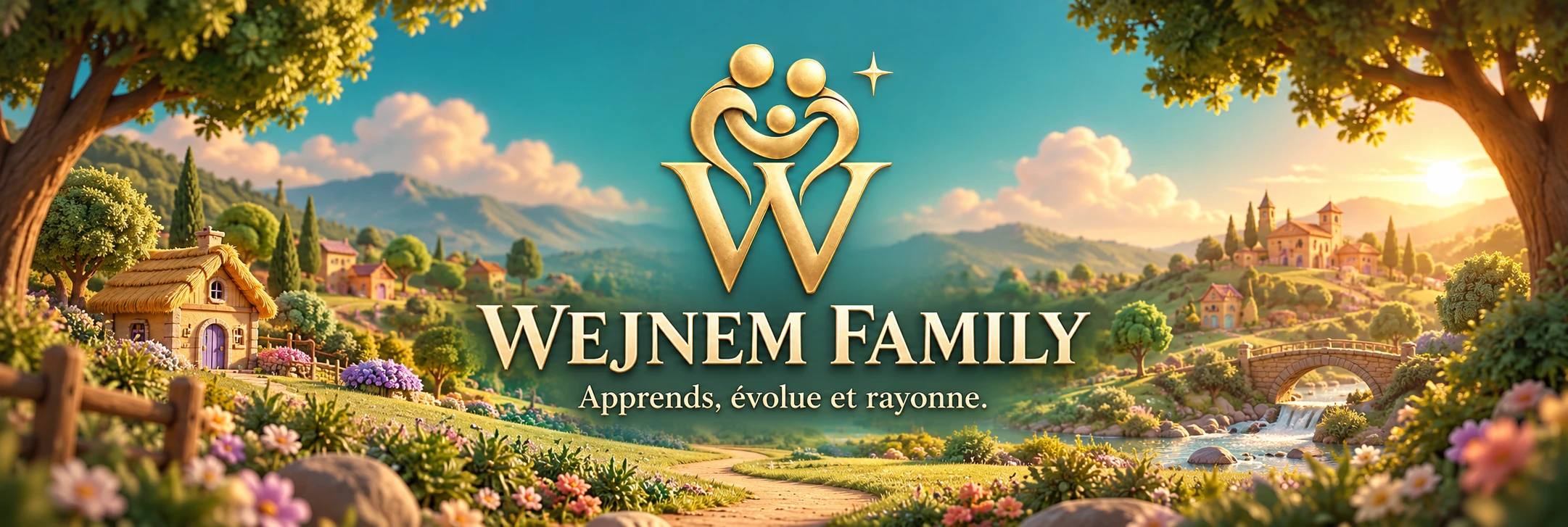 WEJNEM Family — Apprends, évolue et rayonne. Un village de conte baigné de lumière dorée.