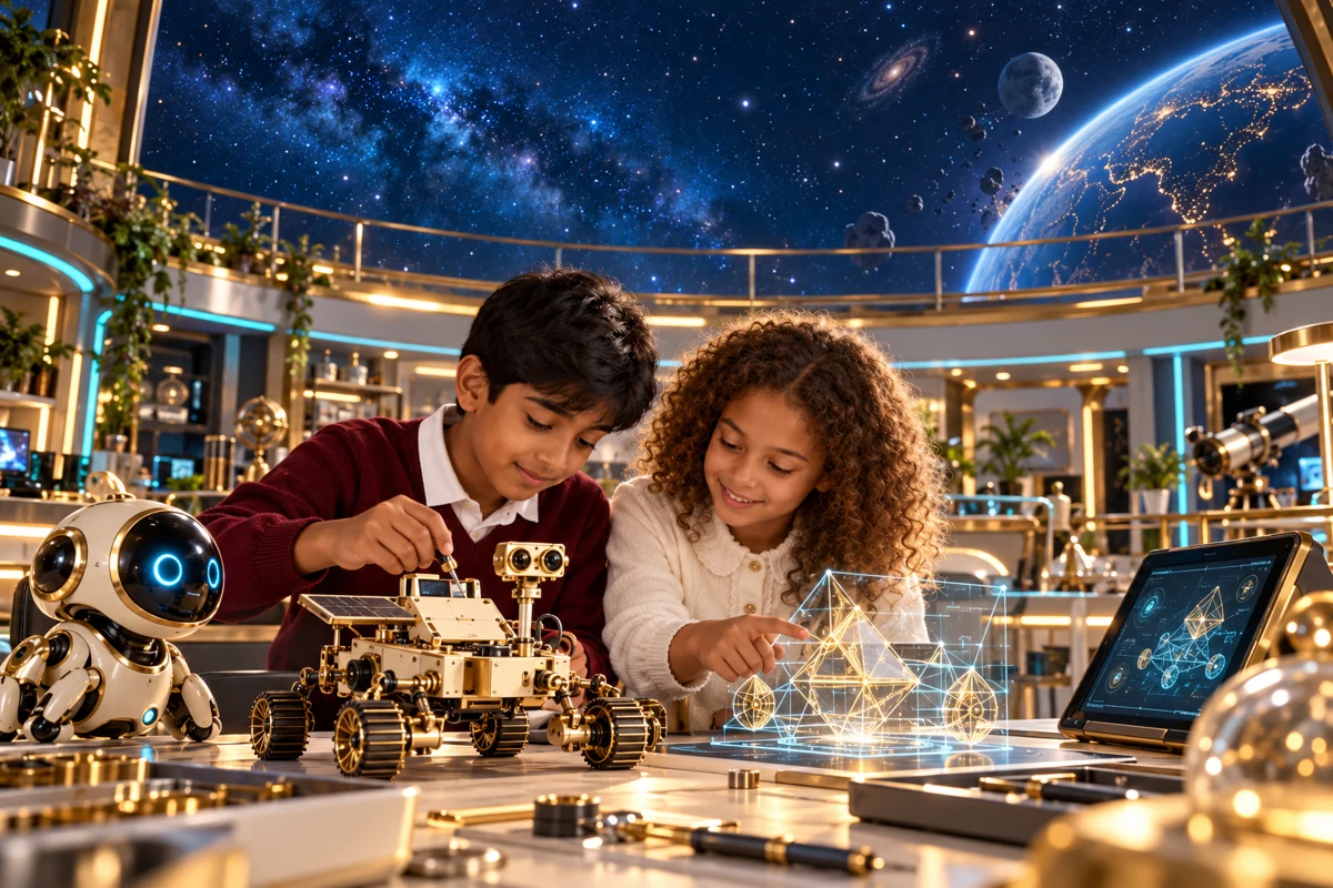 Des enfants découvrent un laboratoire spatial