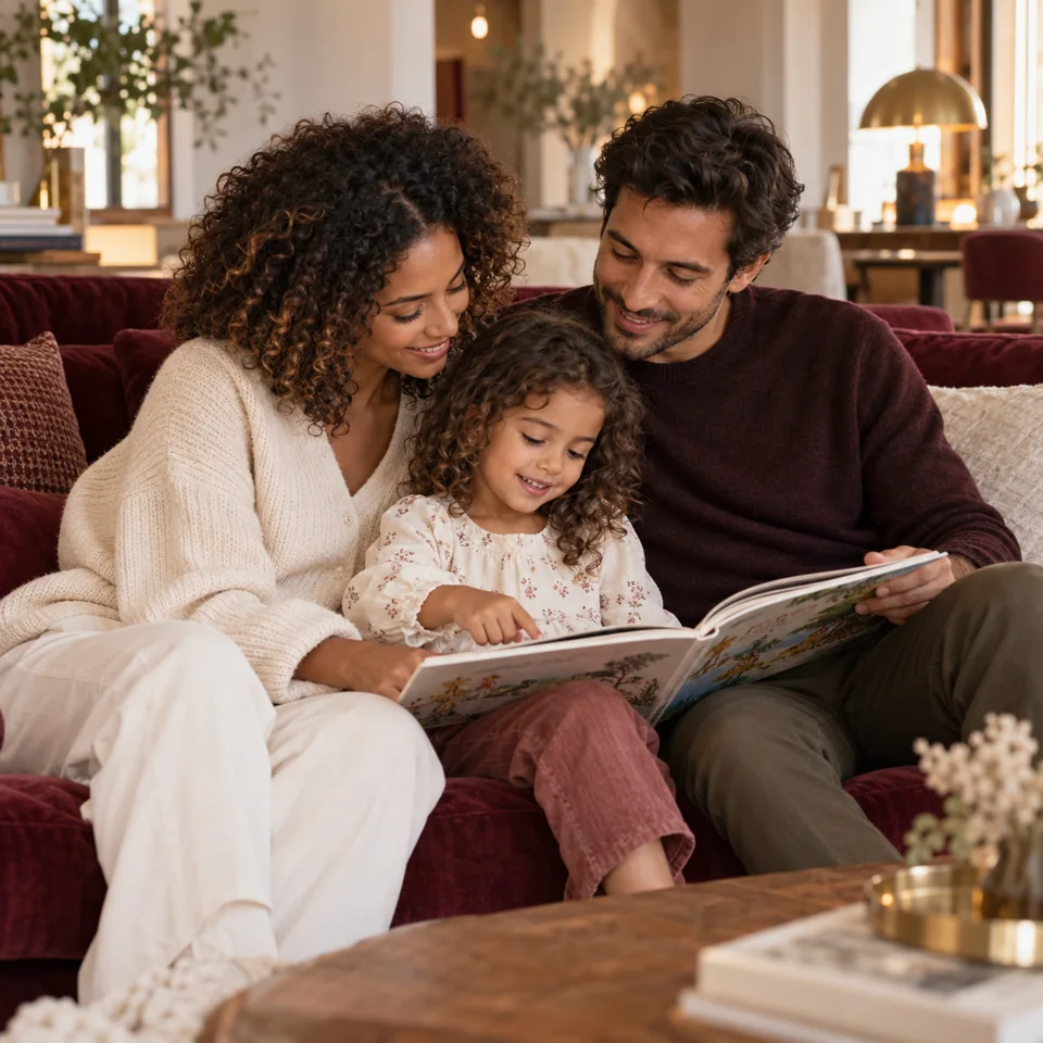 Des parents et leur enfant réunis sur un canapé